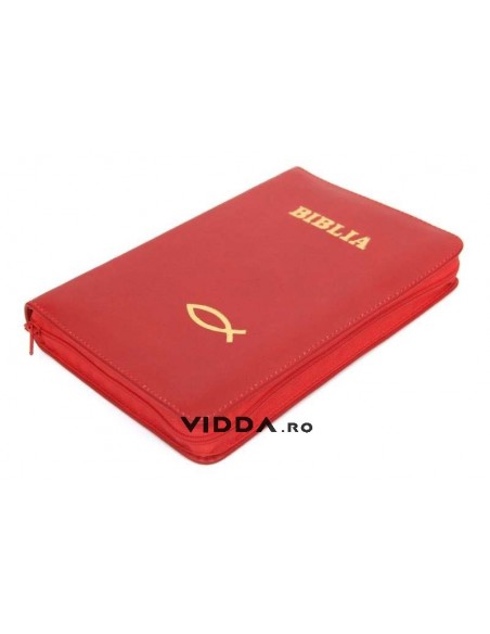 Biblia - Format mediu - Rosie - In piele cu fermoar - Peste auriu
