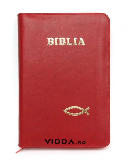 Biblia - Format mediu - Rosie - In piele cu fermoar - Peste auriu