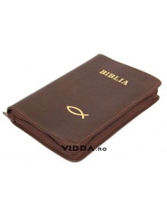 Biblia - Format mediu - Maro inchis - In piele cu fermoar - Peste auriu