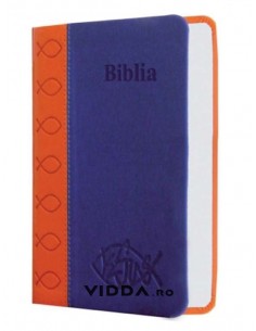 Biblia de buzunar - Portocaliu albastru - Piele ecologica - Biblia mica cu caractere mari