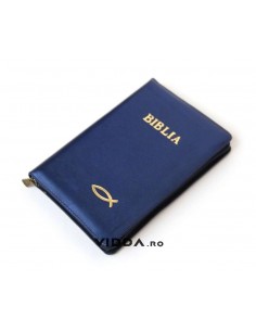 Biblia - Format mediu - Albastra - In piele cu fermoar - Peste auriu