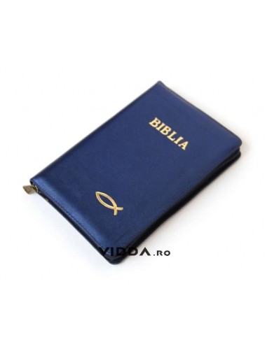 Biblia - Format mediu - Albastra - In piele cu fermoar - Peste auriu